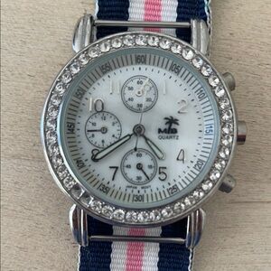 Molly B Silver Watch w/Crystal Bezel & Pink & Navy Band.